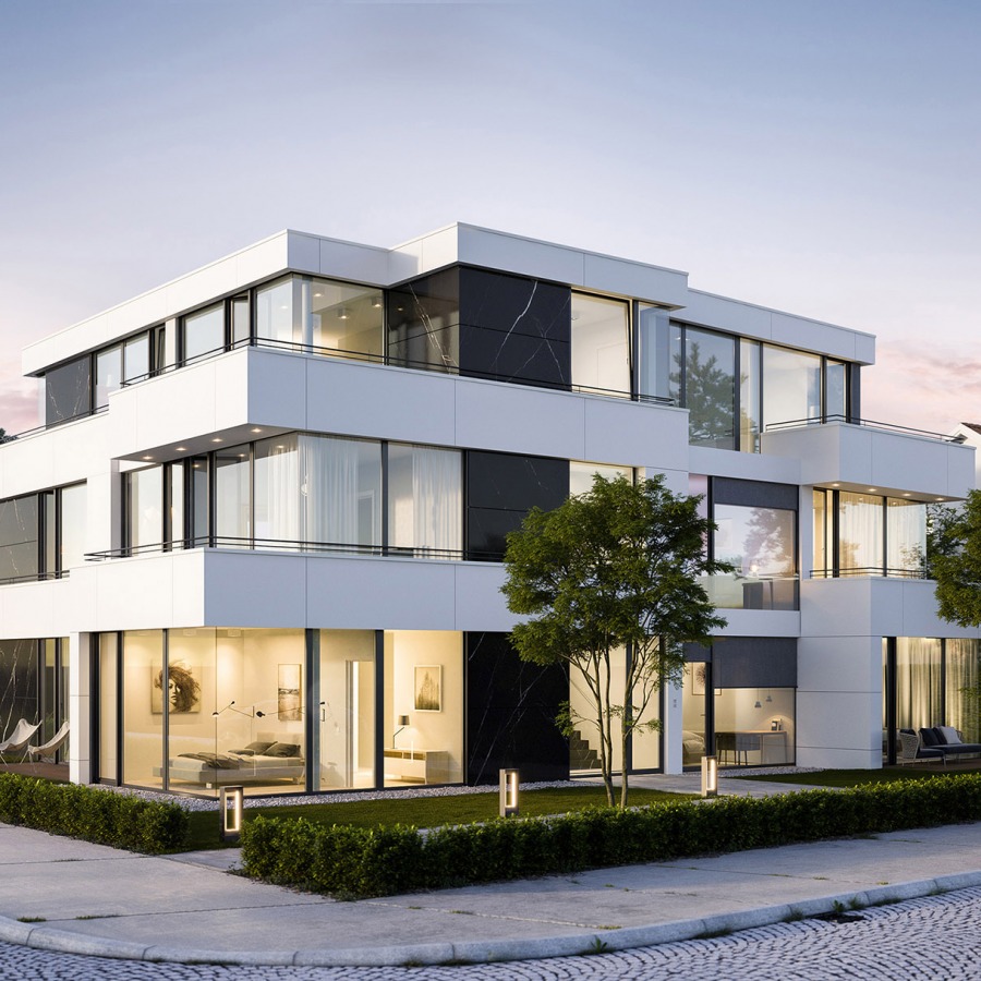 corner of a modern apartment building in Munich that has black stone on the facade like a detail