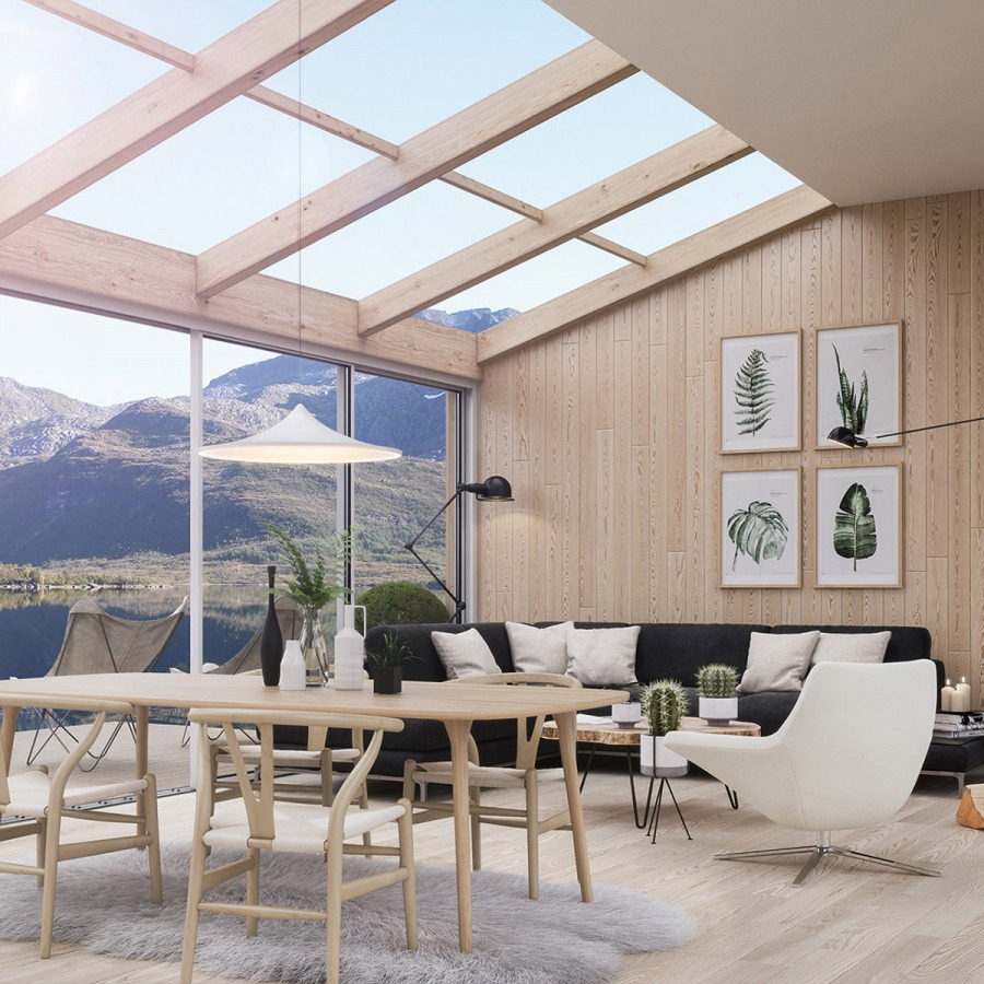 the wooden interior of a Scandinavian house on a lake