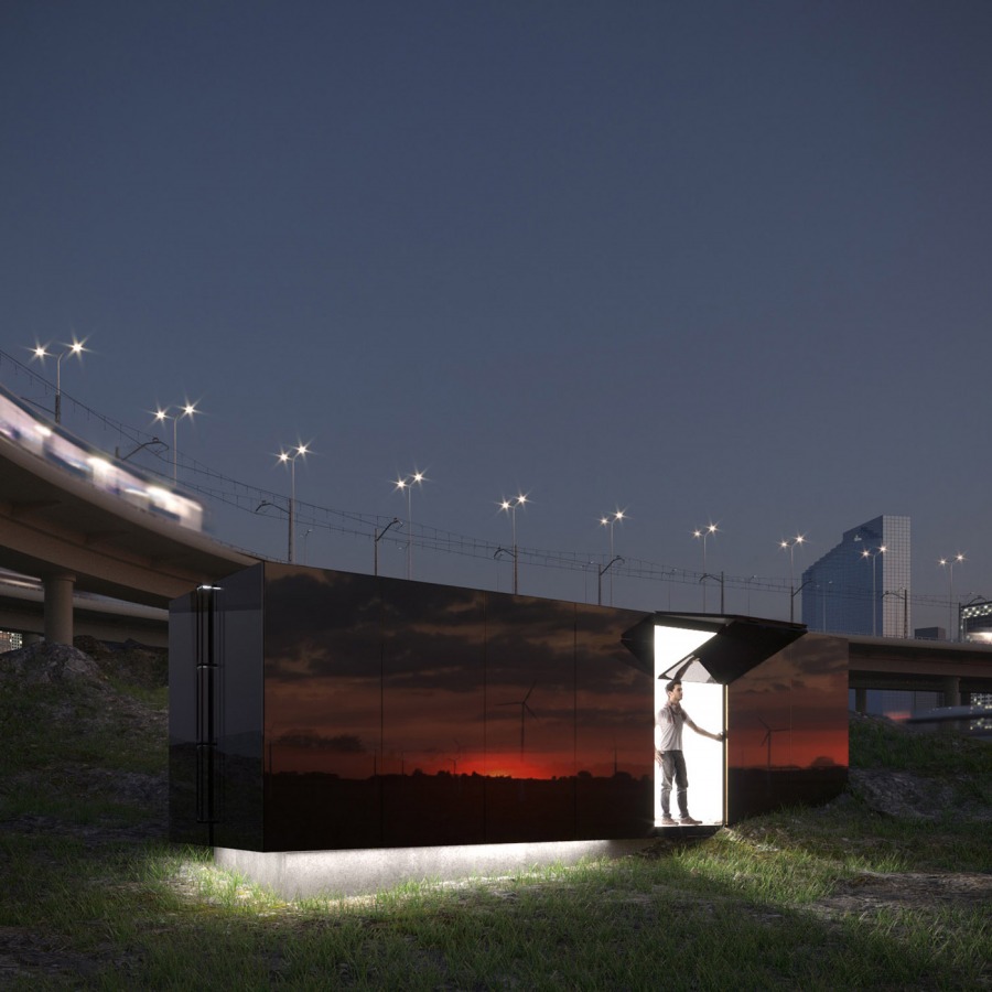 a man stands at the door of a futuristic apartment buildinge