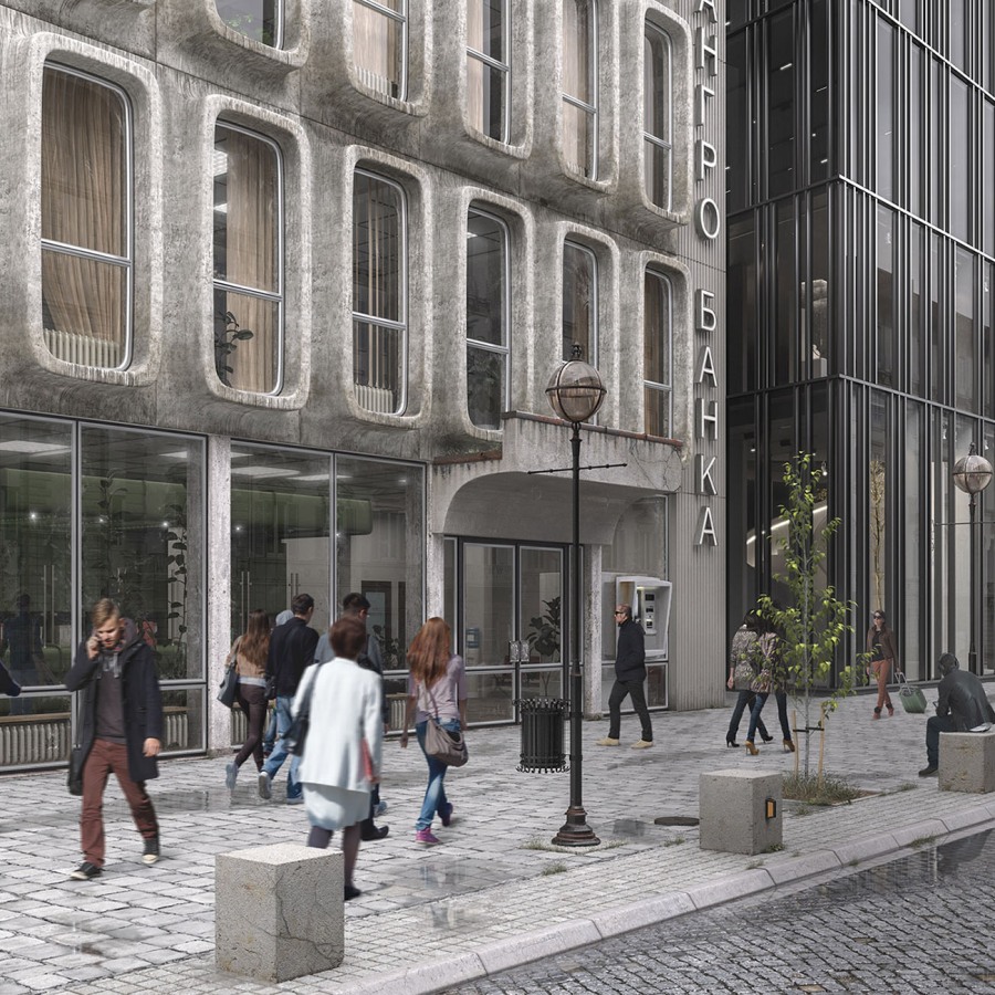 3d render of the sidewalk in front of the  concrete building where the post office is located