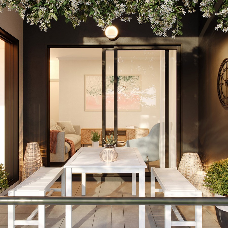 Greenery hangs. sunset illuminates the terrace in australia