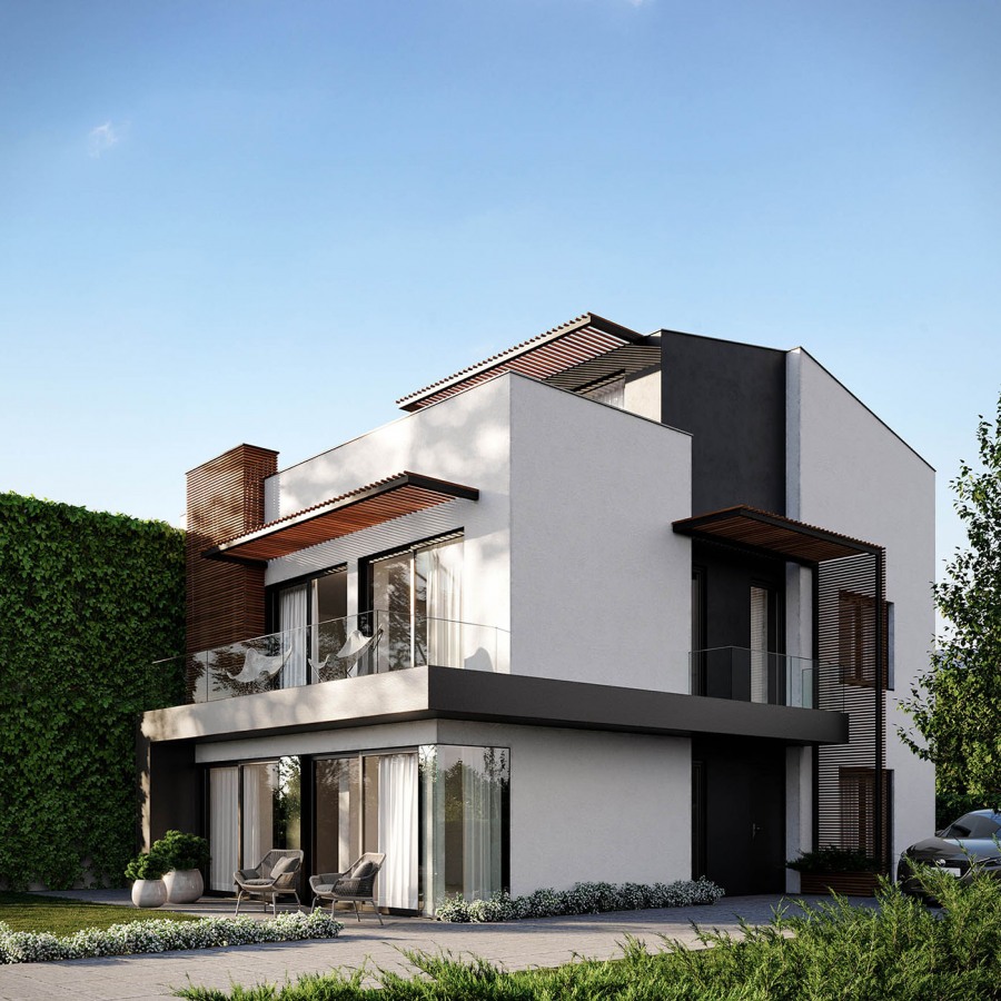 3d render of a modern private white house with black facade details